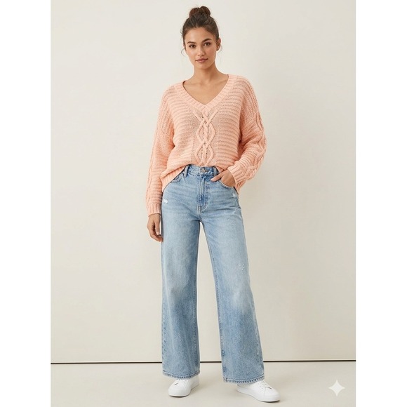 American Eagle Sweaters - American Eagle Peach Cable Knit V-Neck Wool Blend Sweater Medium Oversized